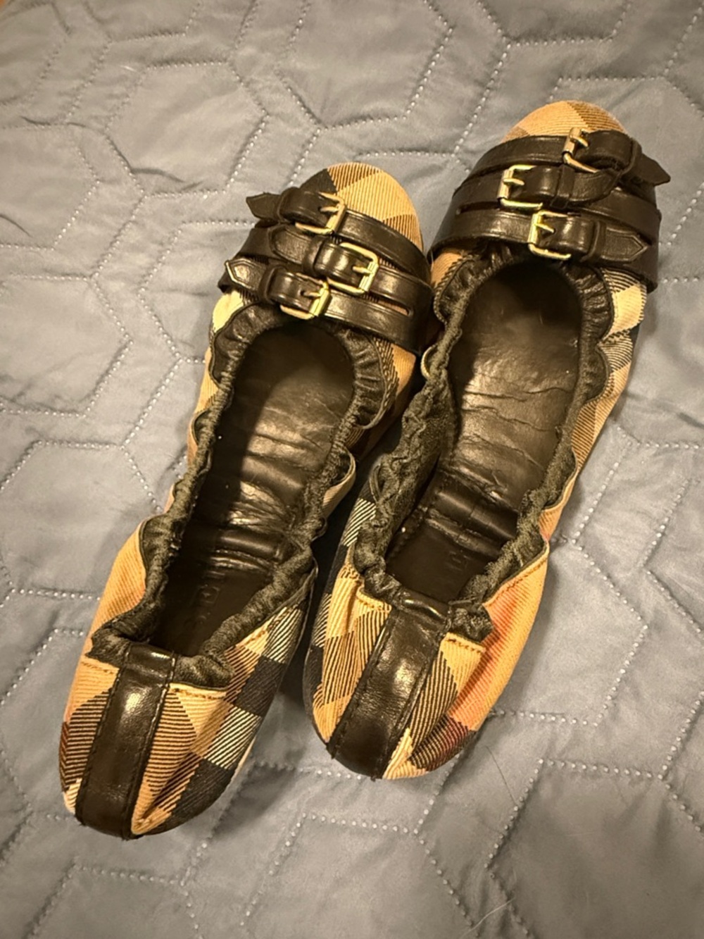 Burberry Tan and Black Check Ballet Flats with Buckle Straps